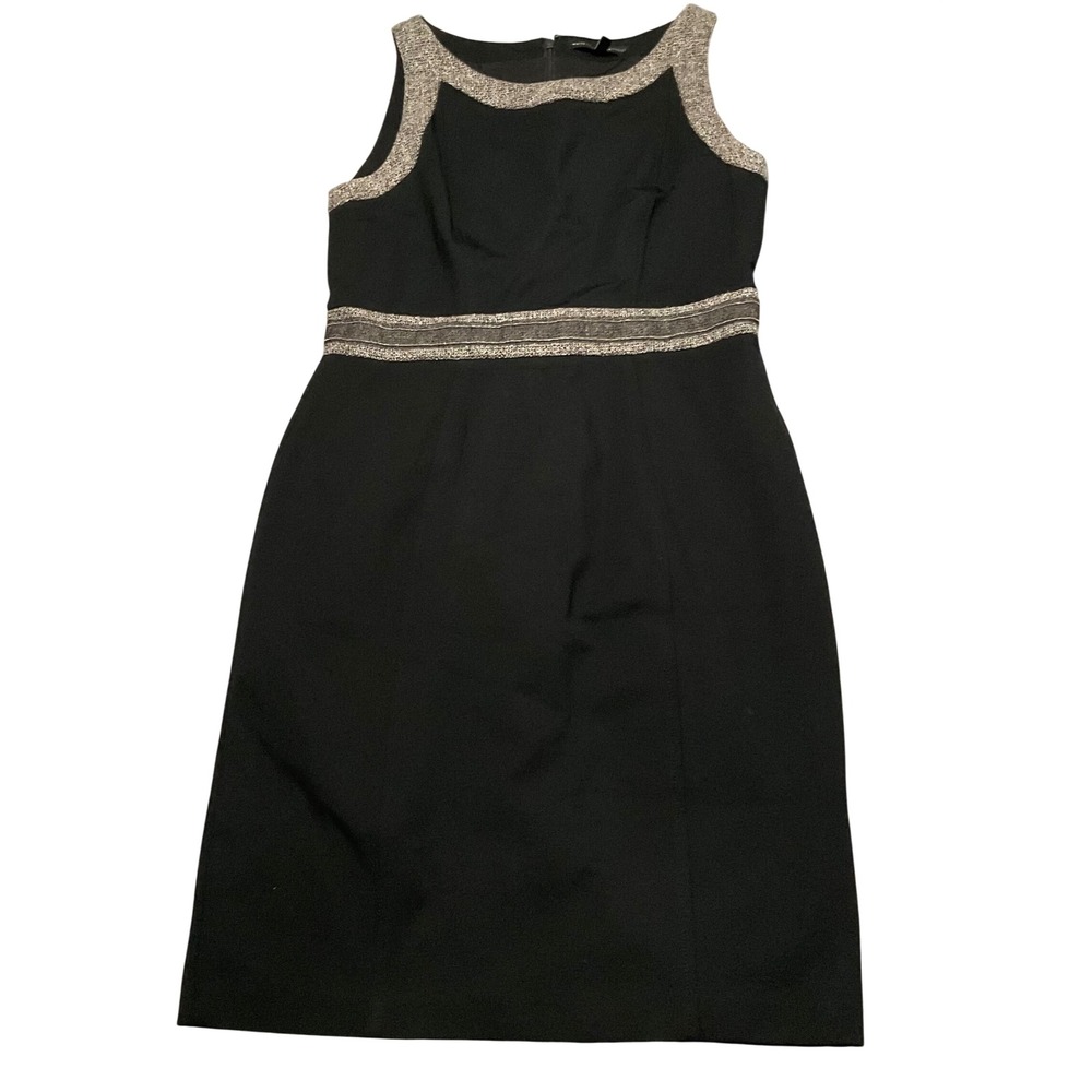 White House Black Market Black Sheath Dress Tweed Trim Metallic Size 12